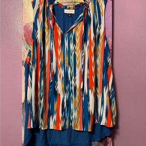 Catherine Malandrino Blue and Orange Patterned Blouse